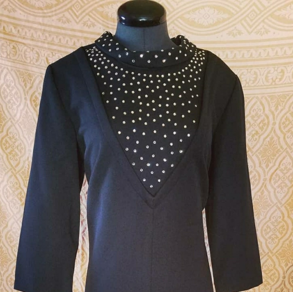 1960 Mary Roberts Black Mockneck Rhinestones L
